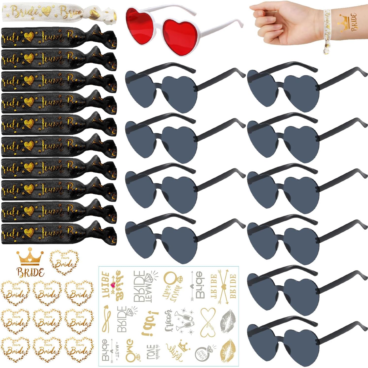 Party Sunglasses Heart Shaped Sunglasses, Bride to Be Heart Glasses Set, JGA Glasses Team Bride Bracelet, Bride Tattoo Stickers Tz-black - Image 1