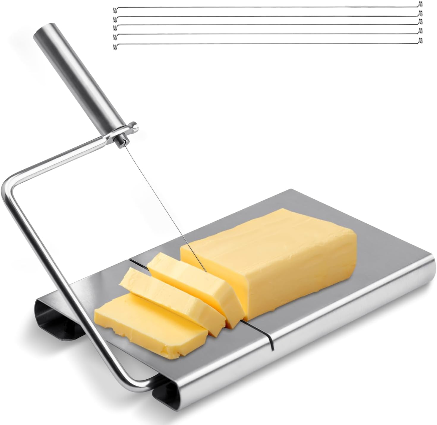 Cheese cutter with wire, cheese cutter for block cheese with 6 replacement wires, stainless steel cheese cutter - Image 1