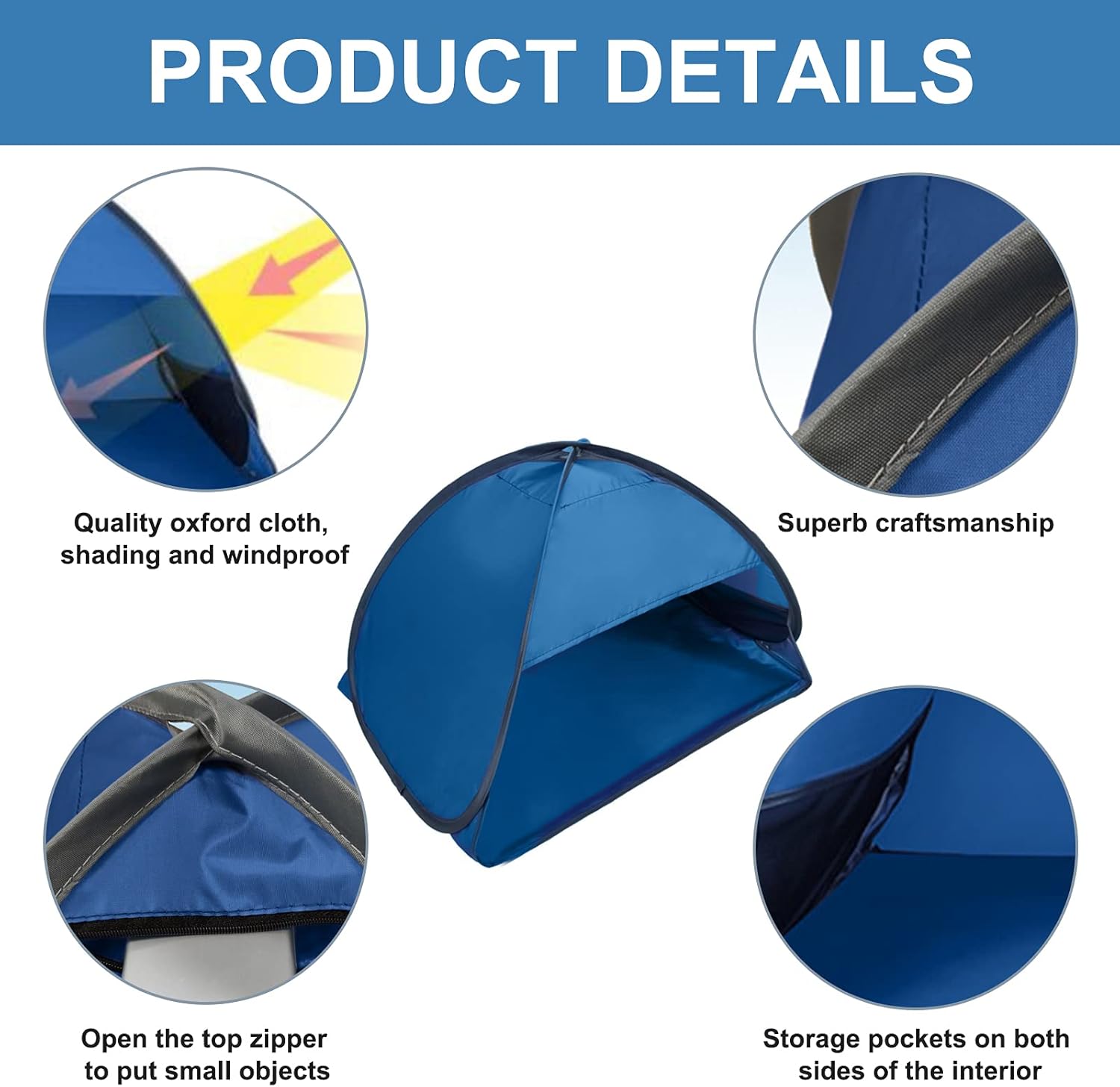 Pop-up Beach Shelter - Portable Beach Tent Anti-UV, Windproof, Picnic Tent for Small Dogs, Cats and Other Small Pets, Blue - Image 3