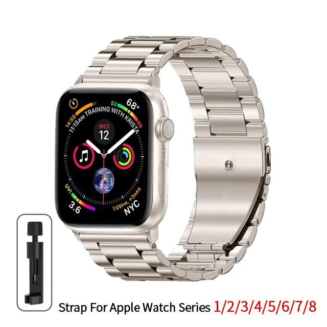 Compatible with Apple Watch Band Stainless Steel Metal Bracelet Series 9 8 7 6 5 49mm 45mm 44mm 42mm Starlight - Image 1