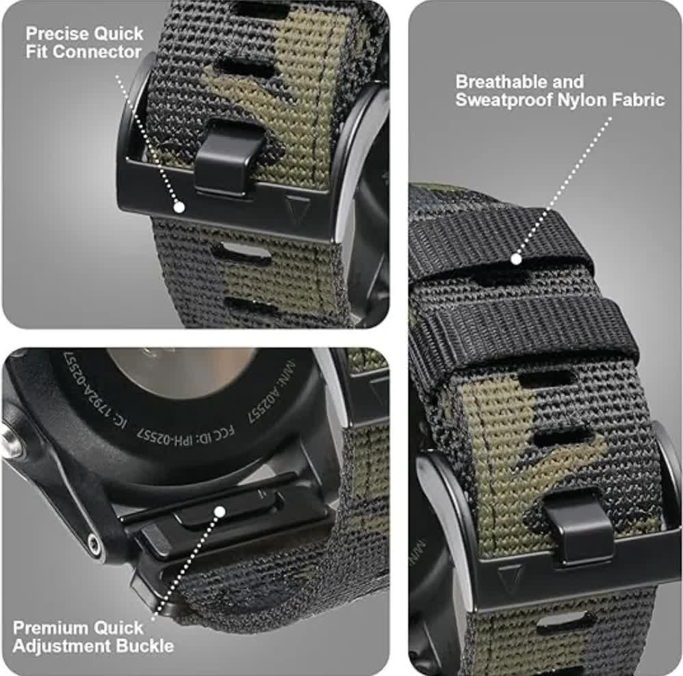GARMIN Fenix 7X Pro 6X Compatible 26mm Military Nylon Replacement Strap Army Green - Image 4