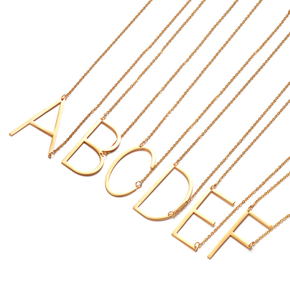 Gold Side Block Shaped Initial Letter Necklace for Women Stainless Steel English Letter AA - Image 3