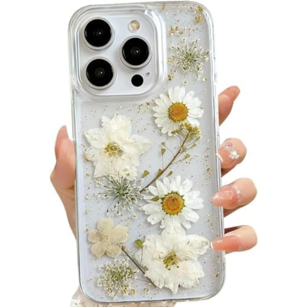 iPhone 16 Plus Case with Real Flowers Design, Transparent Glitter Floral TPU Slim Soft Protective Case for Women - Image 1