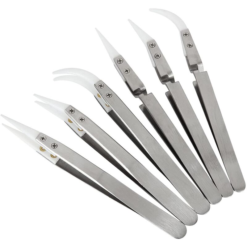 Precision Ceramic Inverted Soldering Tweezers 6pcs Non-conductive Antimagnetic with Pointed Curved Tips - Image 1