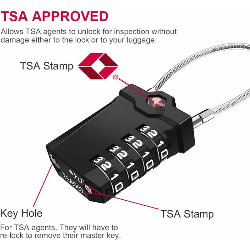 TSA Lock 4-Digit Combination Luggage Suitcase Alarm Anti-Theft Code with Opening Alarm Black 1 Piece - Image 2