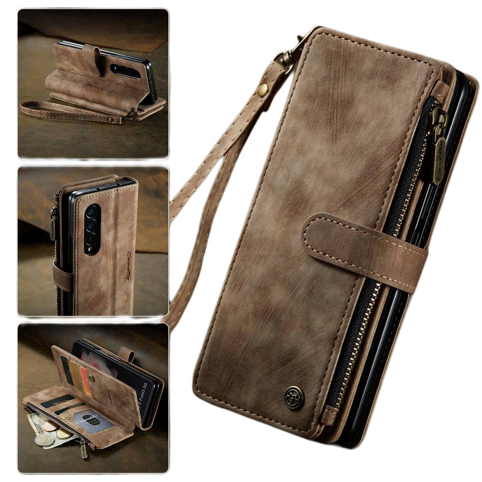 Compatible with Samsung Galaxy Z Fold 3 Case, Samsung, Retro Wallet Design, Card Slots, Magnetic Stand \u0026 Strap - Image 1
