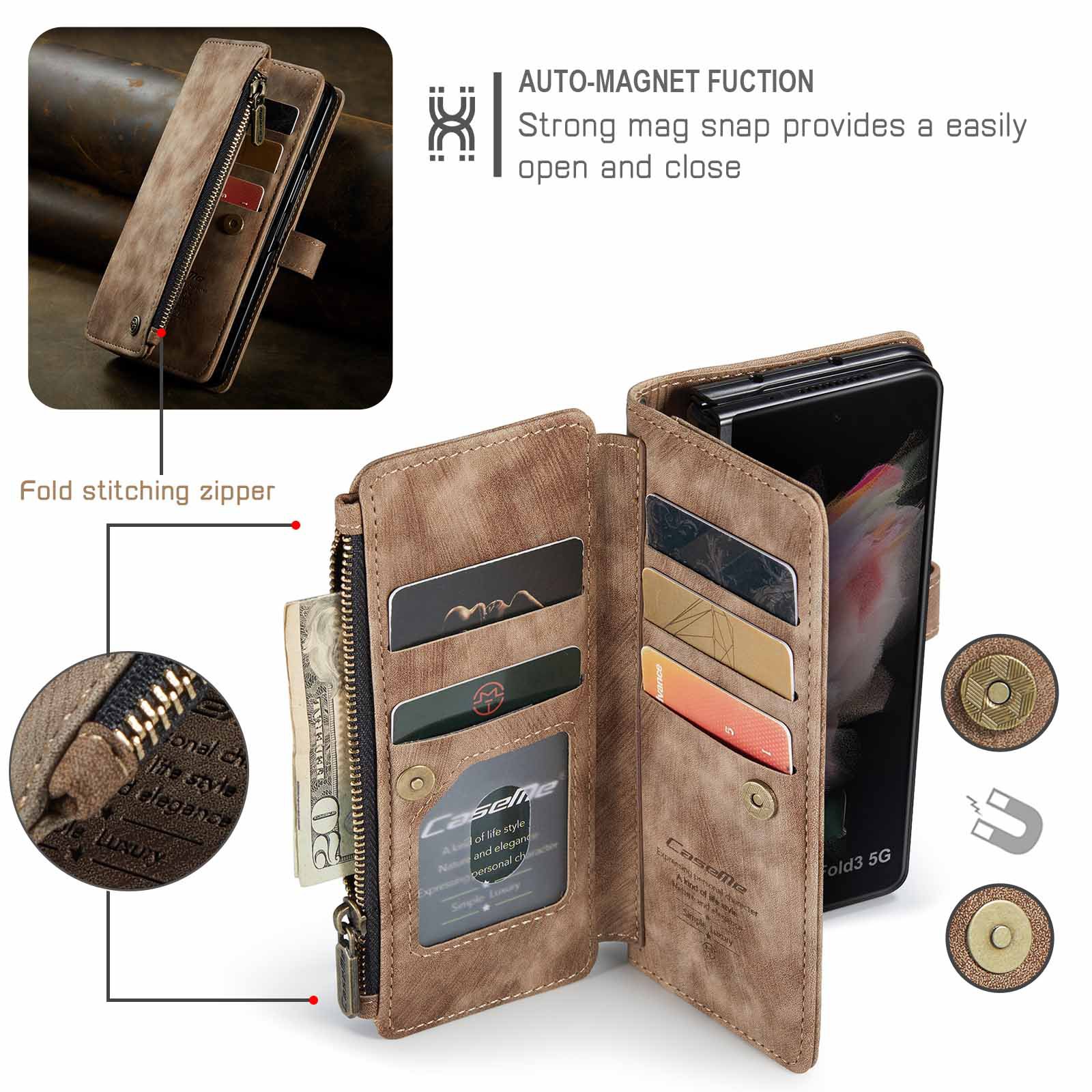 Compatible with Samsung Galaxy Z Fold 3 Case, Samsung, Retro Wallet Design, Card Slots, Magnetic Stand \u0026 Strap - Image 3