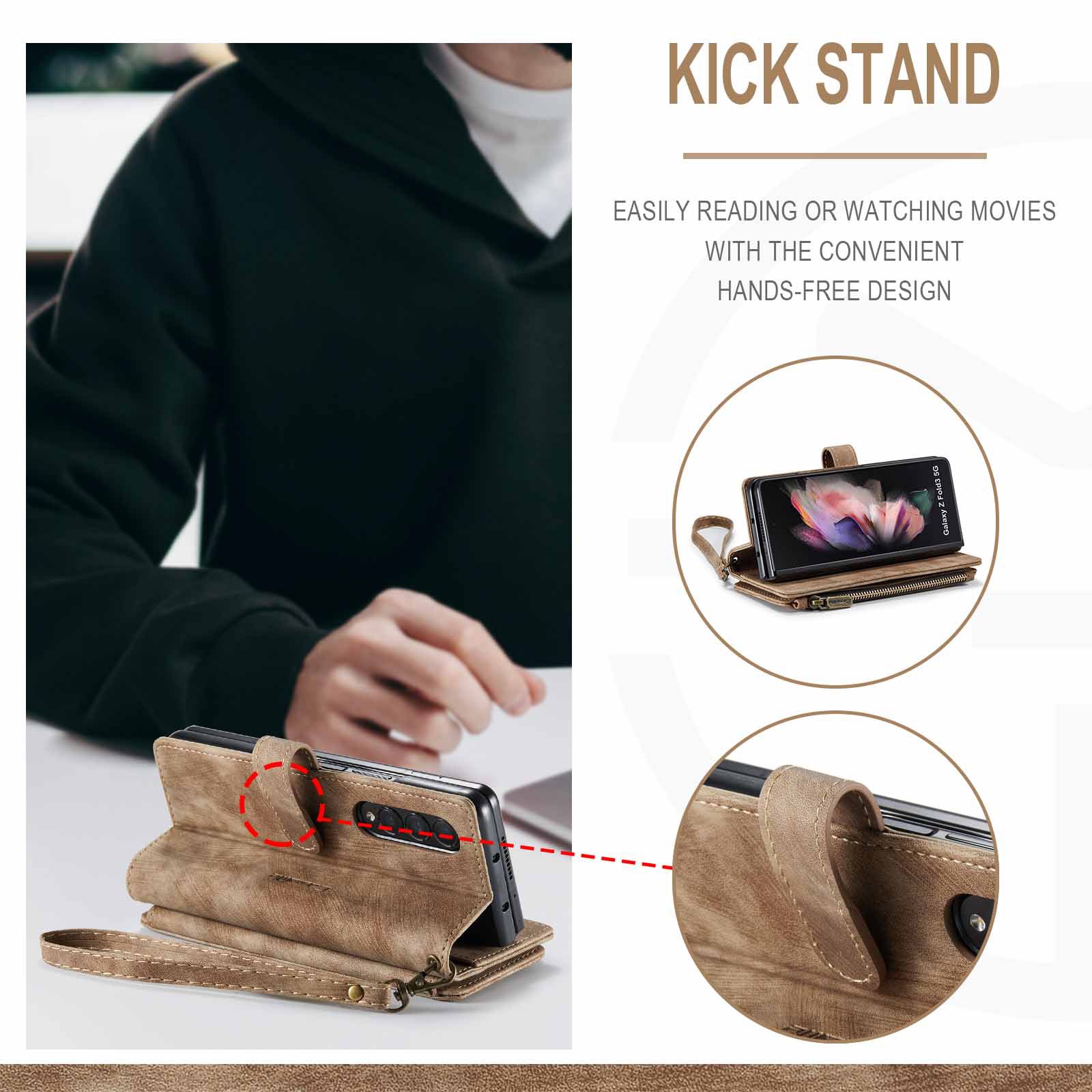 Compatible with Samsung Galaxy Z Fold 3 Case, Samsung, Retro Wallet Design, Card Slots, Magnetic Stand \u0026 Strap - Image 6