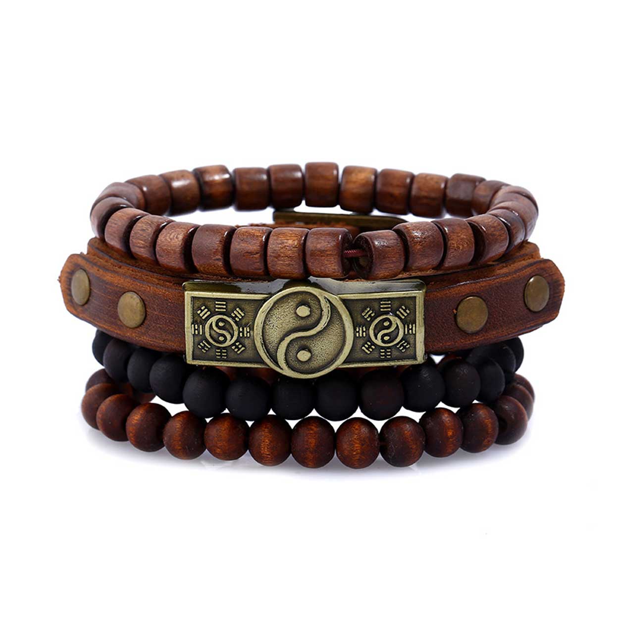 Brown Leather Bracelets with Wooden Beads for Men, 4-Pack - Compatible with iPhone - Image 1
