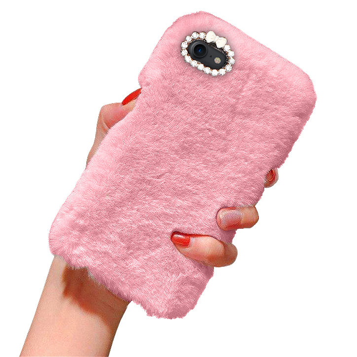 Compatible with Apple iPhone 7 8 SE Case Fluffy Fur Pink Mobile Cover Protective Case - Image 1