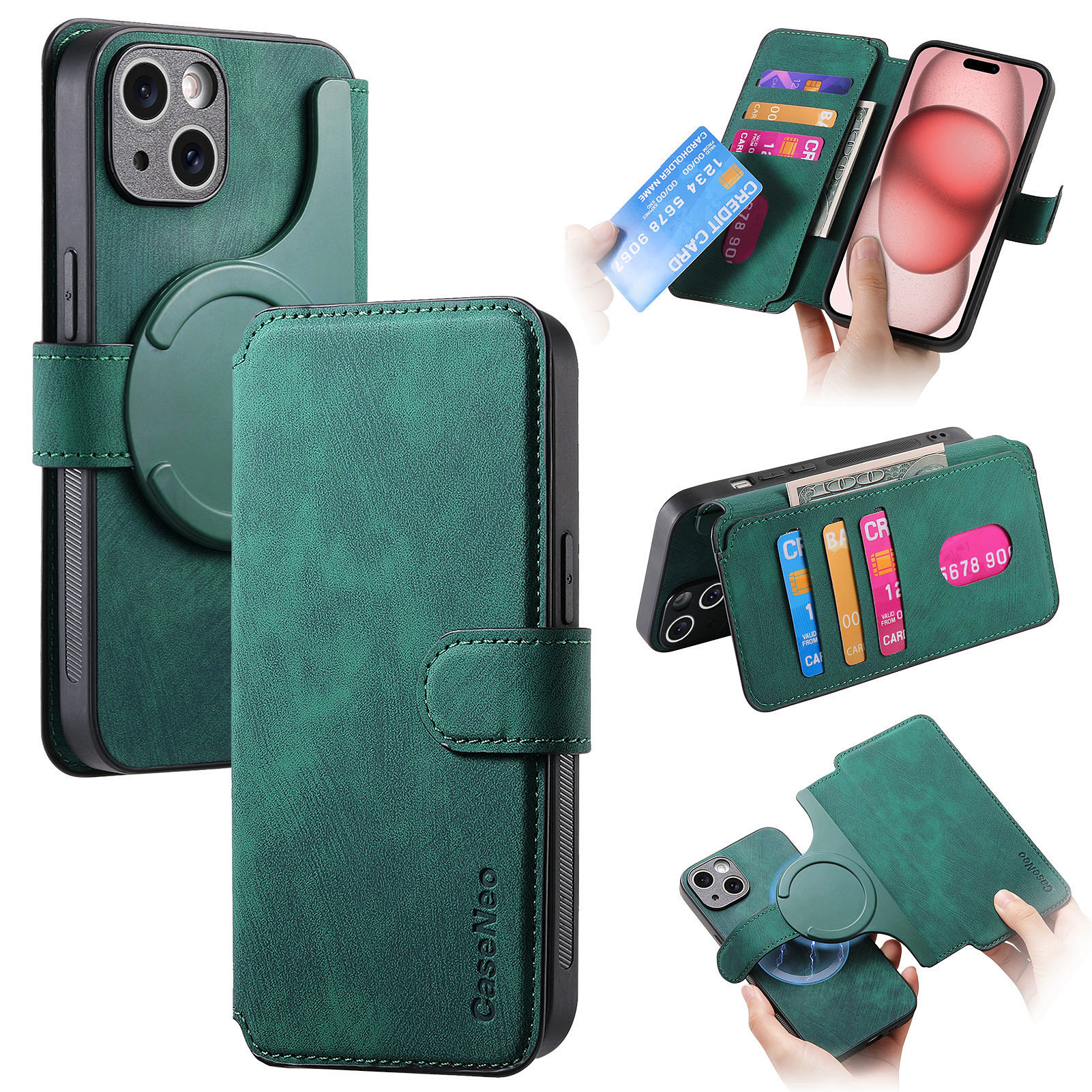 New Magnetic Two-in-one Separation Structure Mobile Phone Case - Card Holder RFID Anti-theft Brush - Suitable for iPhone Mobile Phone Case Gr Green iPhone 15 - Image 1