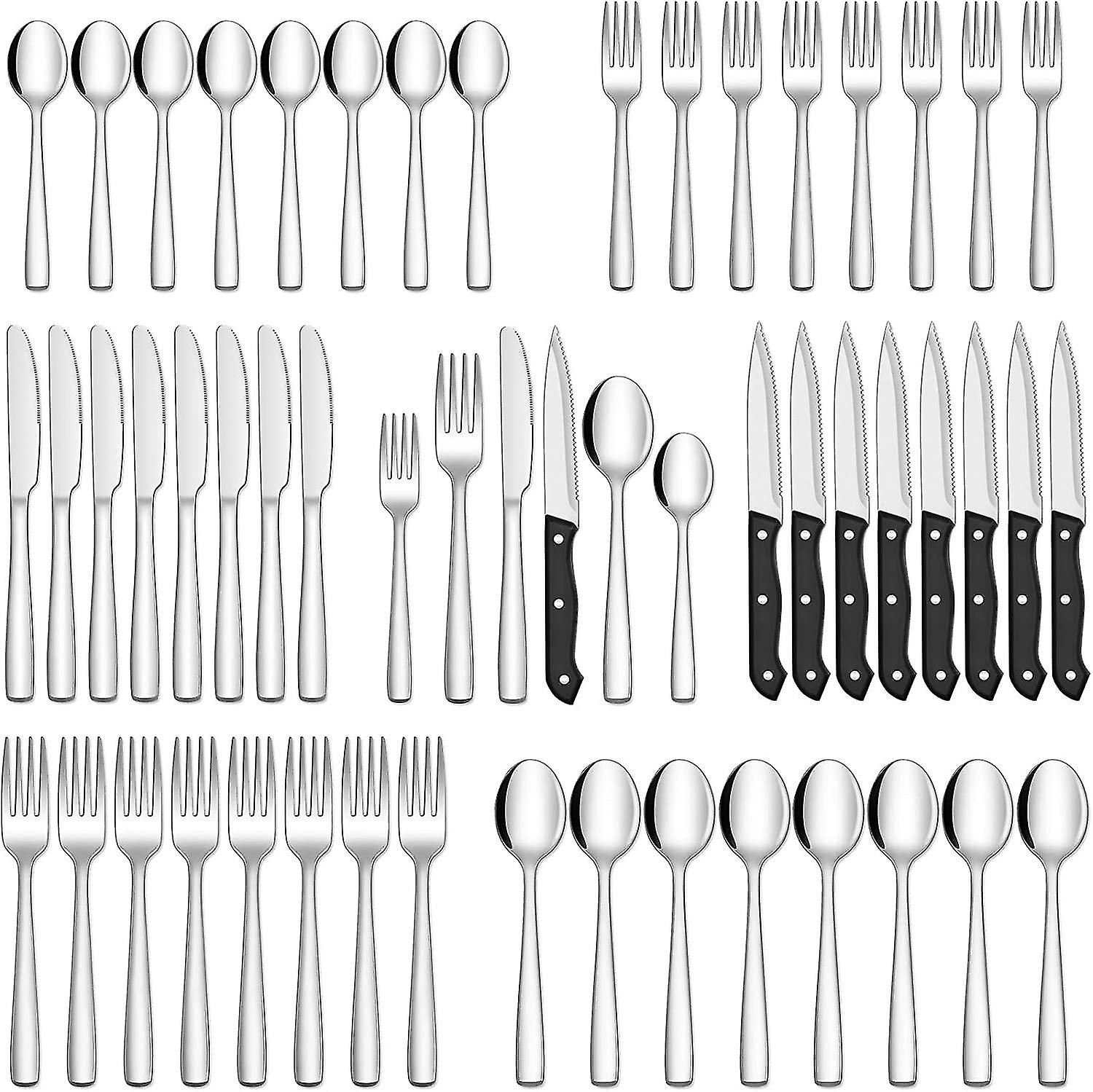Stainless Steel Cutlery Set for 8 People with Steak Knives - 48 Pieces for Home, Kitchen, Restaurant - Image 1