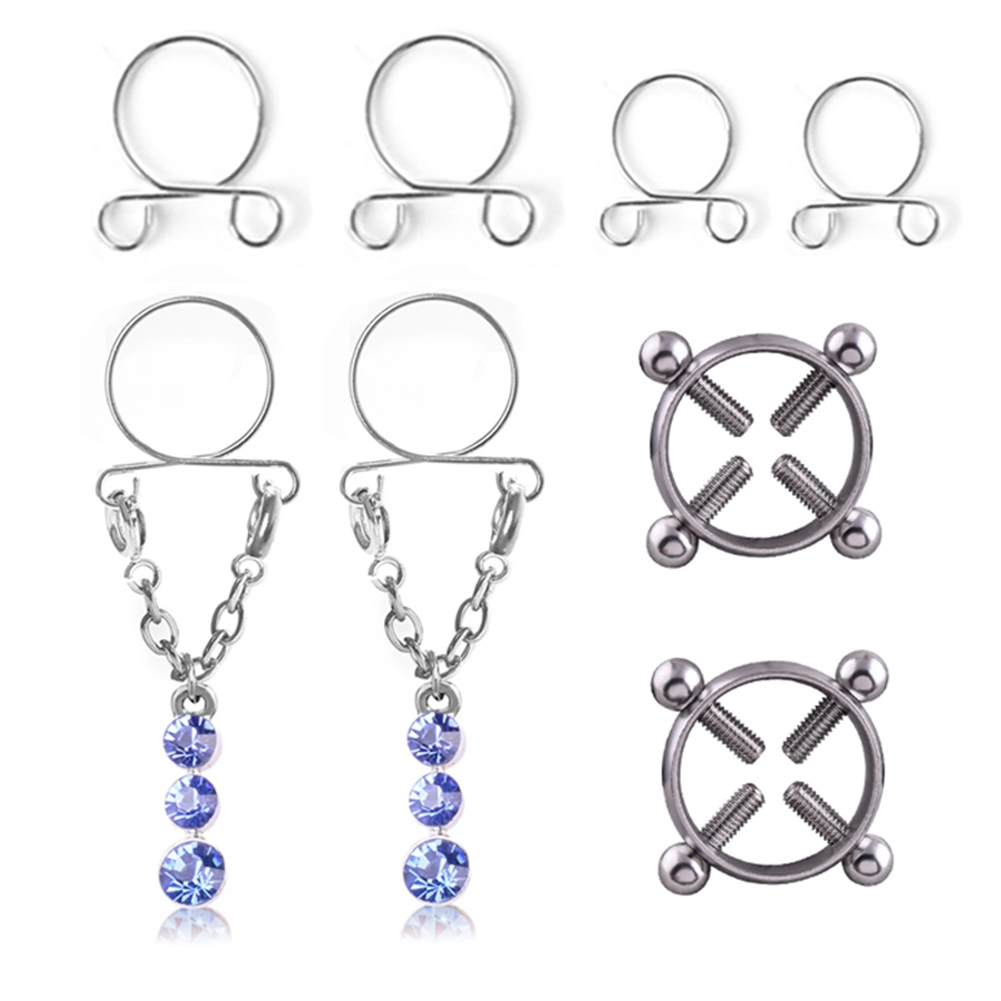 Fashion Water Drop Screw Non Pierced Nipple Ring Set Nipple Ring Body Jewelry (Blue) - Image 3