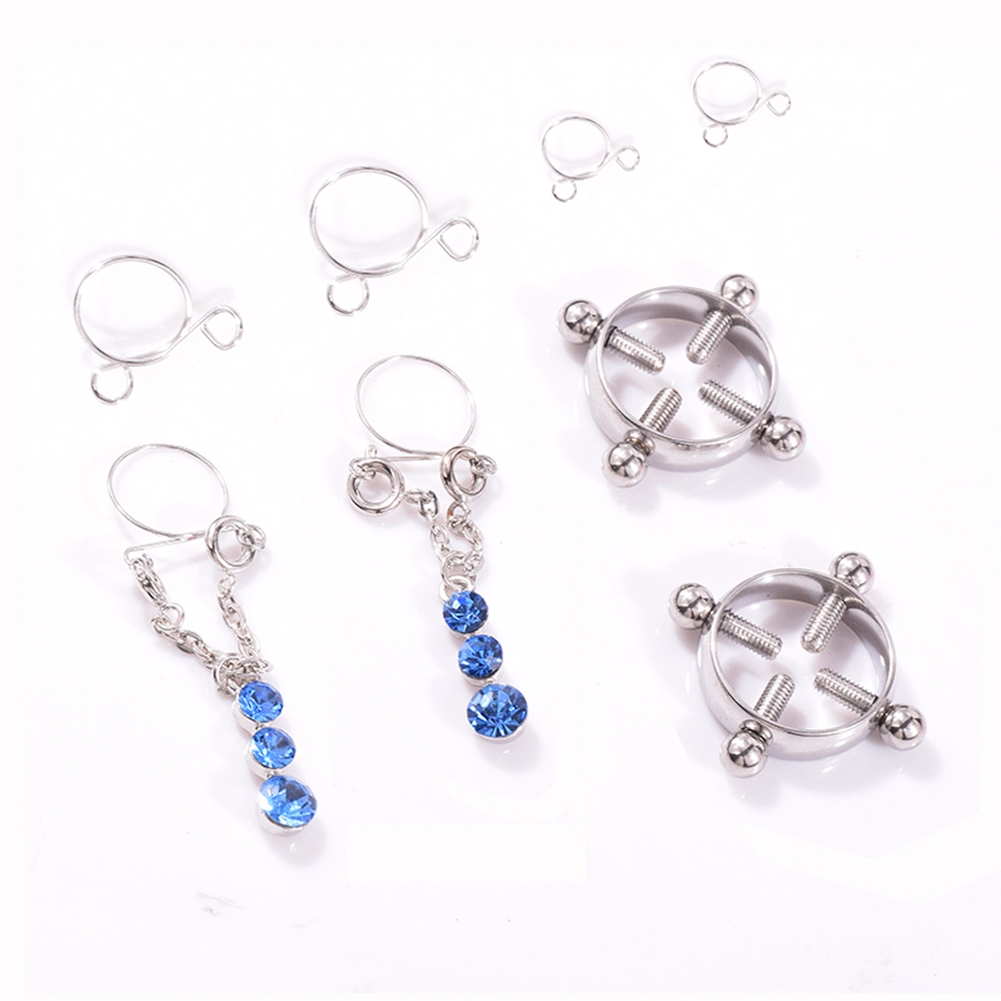 Fashion Water Drop Screw Non Pierced Nipple Ring Set Nipple Ring Body Jewelry (Blue) - Image 5