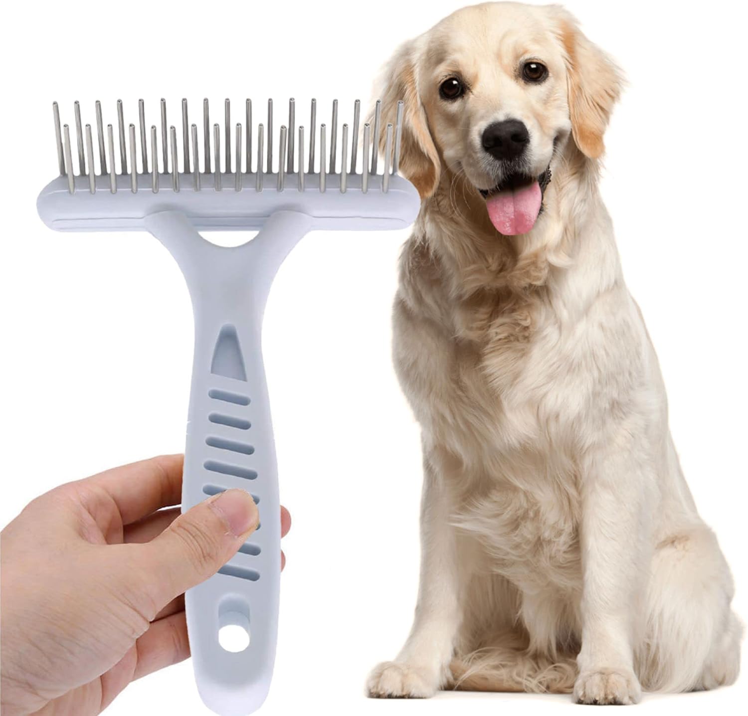 Dog Dematting Brush Undercoat Comb Self-Cleaning Double Row Metal Teeth for Loose Hair Removal Puppy Grooming Brush - Image 4