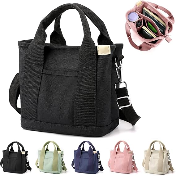 Multi-Pocket Tote Bag with Zipper, Canvas Handmade Handbag with Compartments, Multifunctional Satchel Bags for Women, Ladies, University, School, Work, Travel Black-small - Image 1