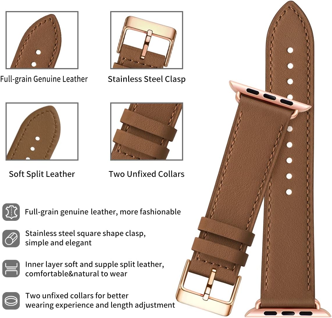 Compatible with Apple Watch Leather Strap Replacement Band Apple Watch Series 9 8 7 6 5 4 3 2 1 SE Ultra 38mm 40mm 41mm Brown - Image 3