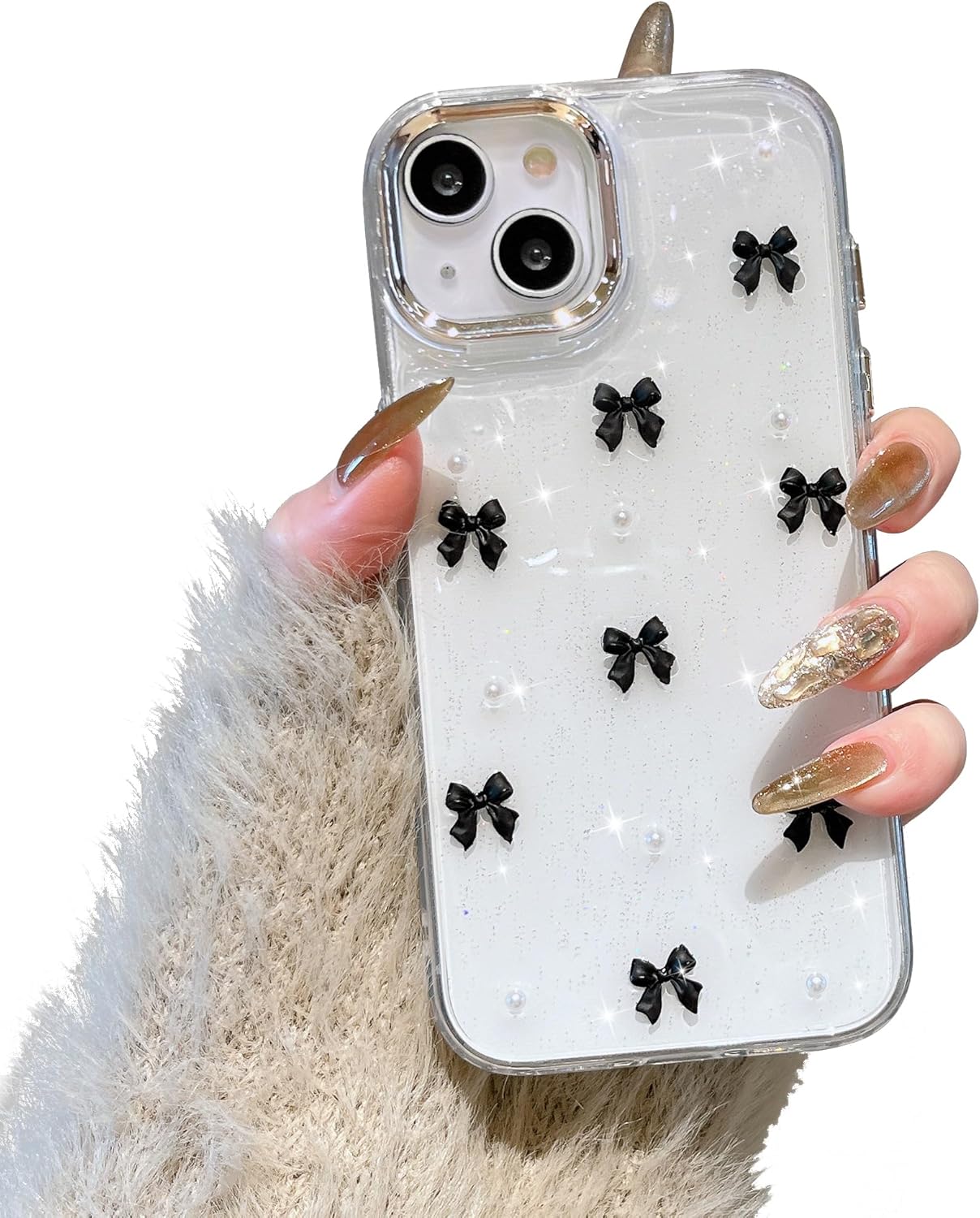 Compatible with iPhone 15 Plus, Bling Glitter 3D Bowknot Phone Case Cute Sparkly Crystal Clear Bowknot Slim Soft Durable Protective Case Black iPhone 15 Plus - Image 1