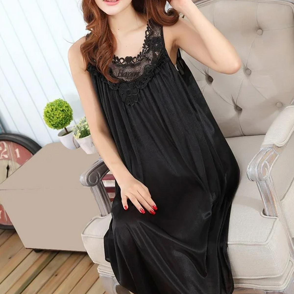 Women's Summer Lace Patchwork Pajamas Nightgown Sleepwear - Image 4