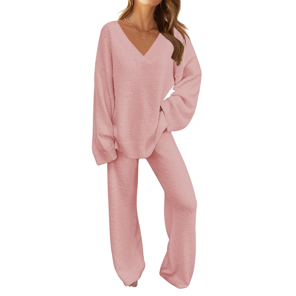 Women's 2-Piece Fleece Pajama Set Long Sleeve Loungewear Pink Size 2XL - Image 1