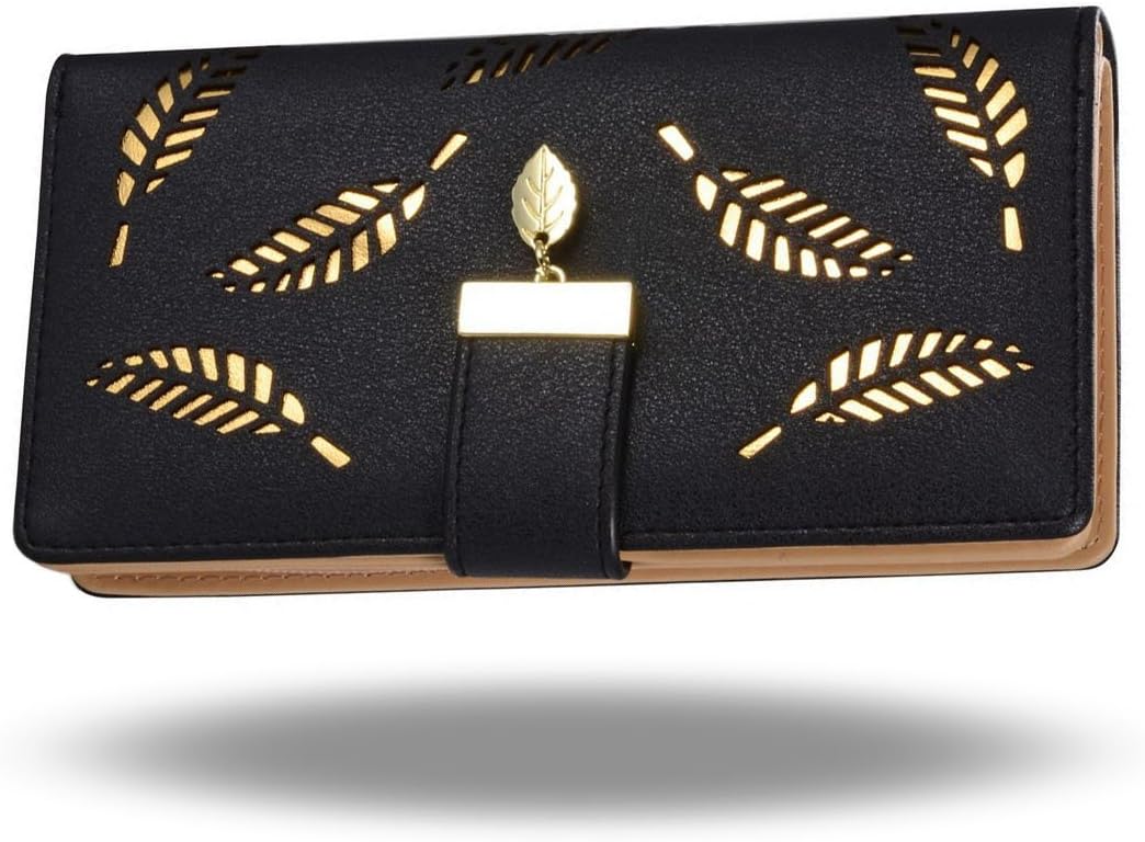 Women's Large Capacity Long Wallet Hollow Leaf Design Black - Image 1