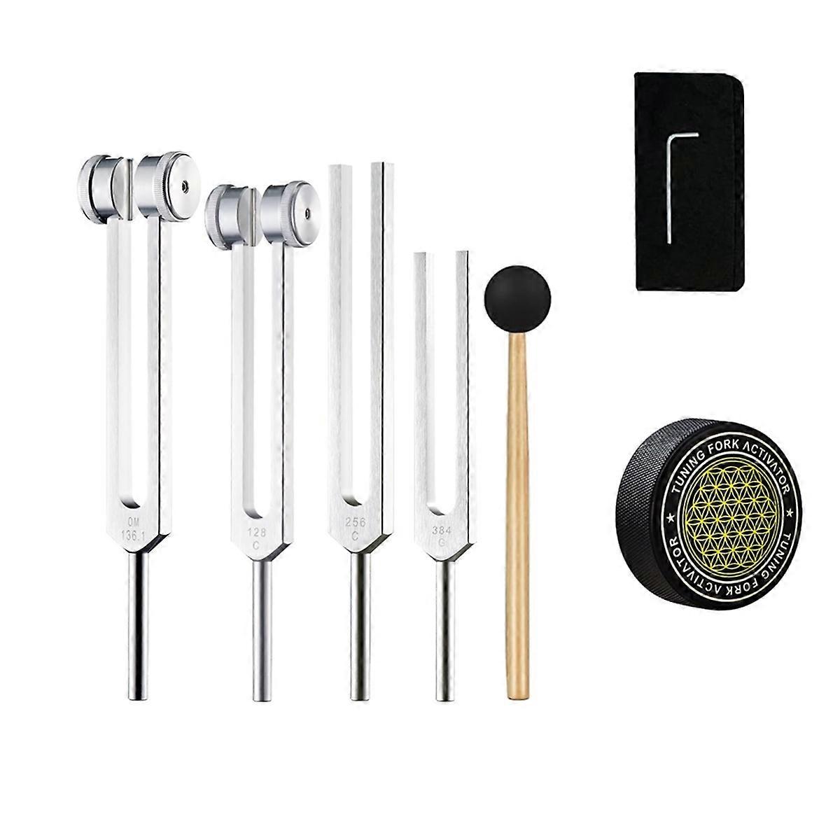 Healing Tuning Forks Set with 128Hz 136.1Hz 256Hz 384Hz Frequencies and Hockey Puck Activator for Chakra Sound Therapy - Image 1