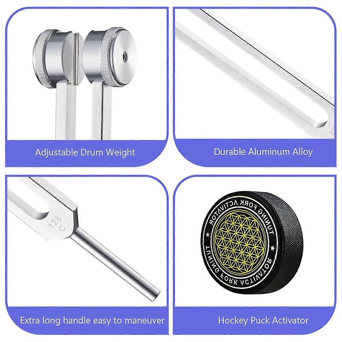 Healing Tuning Forks Set with 128Hz 136.1Hz 256Hz 384Hz Frequencies and Hockey Puck Activator for Chakra Sound Therapy - Image 2
