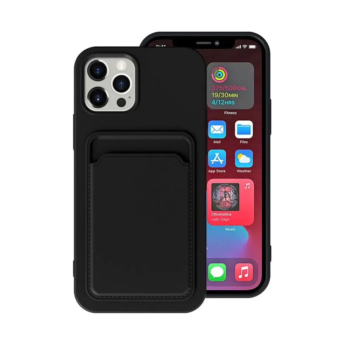 Compatible with Apple iPhone 13 Silicone Case with Card Holder Black - Image 1