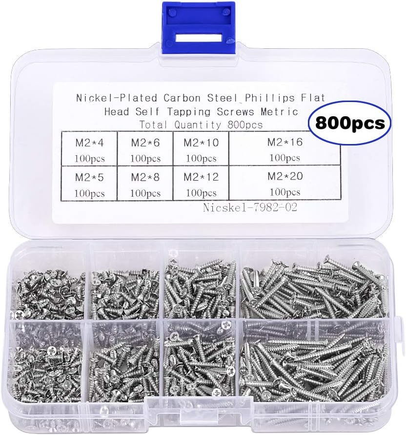 800pcs Small M2 Self Tapping Screws Assortment Box, Countersunk Phillips Flat Head Wood Screws (M2-4mm 5mm 6mm 8mm 10mm 12mm 16mm 20mm) - Image 1