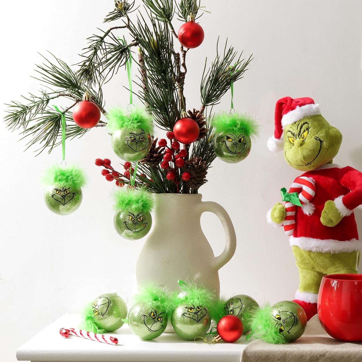 Grinch Christmas Baubles 12 Pcs Fluffy Green Hair Glitter Tree Ornaments Indoor Decor - Image 4