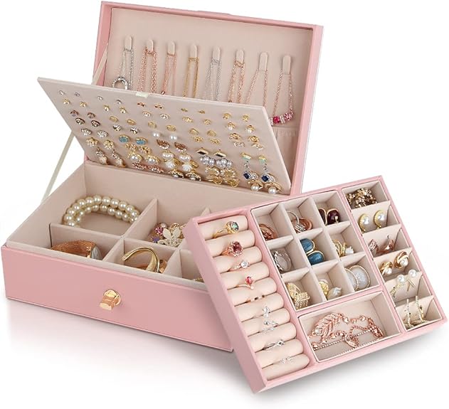 Jewelry Box for Storing Necklaces, Earrings, Bracelets and Rings, Large PU Leather with 3 Layers Stackable Jewelry Box, Pink Pink-tfrf Pink - Image 1