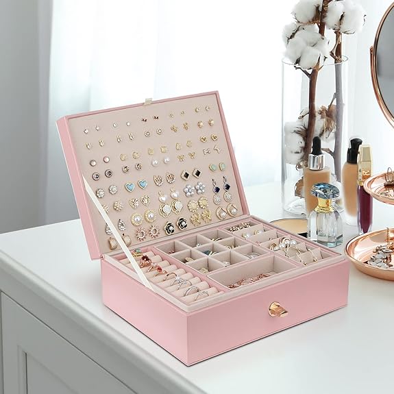 Jewelry Box for Storing Necklaces, Earrings, Bracelets and Rings, Large PU Leather with 3 Layers Stackable Jewelry Box, Pink Pink-tfrf Pink - Image 6