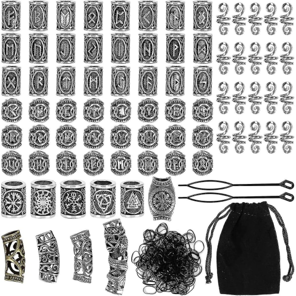 Kryc 80 Rune Beads Set with 300 Rubber Bands for DIY Viking Beard and Hair Beads Antique Nordic Jewelry Braided Bracelet Pendant - Image 1