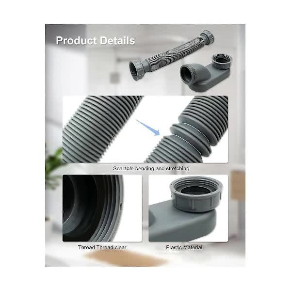 Low Profile 1 1/2 P-Trap Flexible Bathtub Shower Drain Pipe Flat P-Trap Freestanding Bathtub Drain For Bath Tub Drain Gray - Image 4