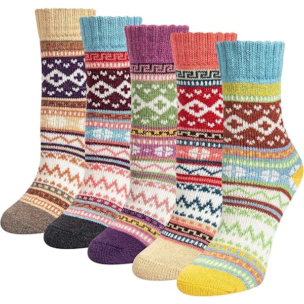 5 Pairs of Women's Merino Wool Socks, Thicker Thermal Knitting, Women's Socks for Hiking, Backpacking, Climbing, Winter (Red/Brown/Green/Blue/Dark Blue) - Image 1