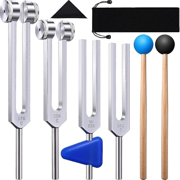 Tuning Forks Set 4 Pack 128Hz 256Hz 512Hz 528Hz with Hammer for Sound Healing Vibration Therapy - Image 1