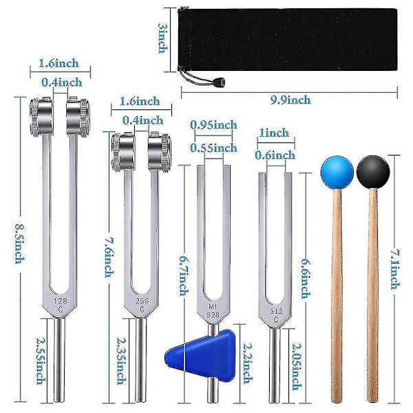 Tuning Forks Set 4 Pack 128Hz 256Hz 512Hz 528Hz with Hammer for Sound Healing Vibration Therapy - Image 2