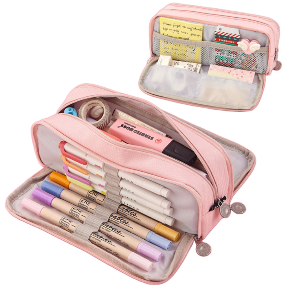 Large Capacity Pencil Case, 3 Compartments, Bag, School Pink - Image 1