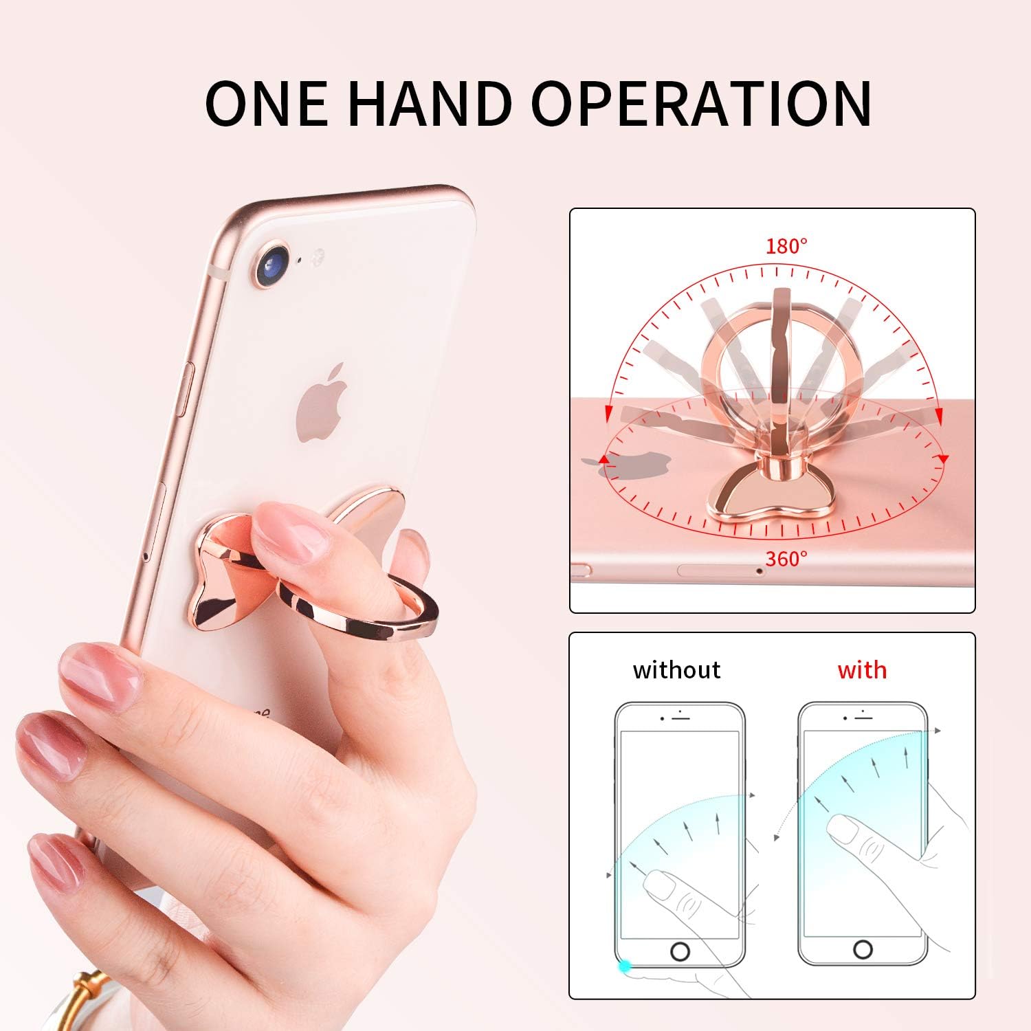 Metal Cell Phone Finger Ring Stability Holder Back Stand Collapsible Hand Grip Knob Loop Car Mount Hook Kickstand 360 for iPhone Samsung Galaxy Mobile Cute Accessories (Rose Gold) - Image 3