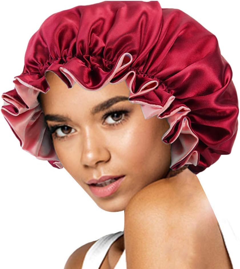 Solid Color Silky Satin Bonnet Cap,Bonnets for Women,Silky Bonnet for Curly Hair,Women Hair Wrap for Sleeping,Double Layers Wine Red - Image 4