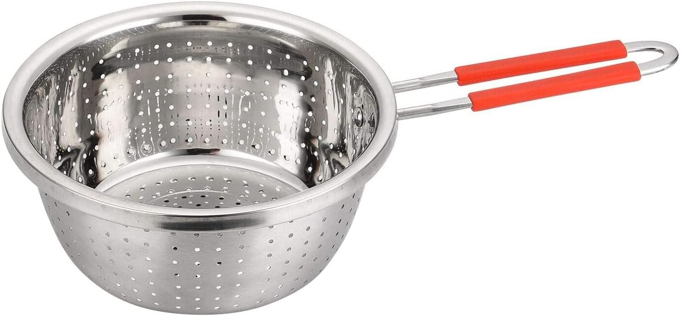 Stainless Steel Perforated Metal Colander Strainer with Long Red Handle Sieve Sifters Use for Kitchen Food Pasta Noodles Spaghetti Vegetables Silver - 7.9inch - Image 1