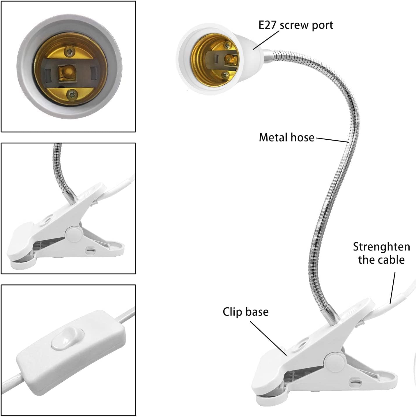 Bahong Clip Desk Lamp Socket,Desk Light Adapter,Clip Light Bulb Holder,E26/E27 Flexible Light Socket,86.6in Table Reading Light,Night Light with Cord,Clamp Light Bulb Stand with On/Off Switch (1PC) - Image 3