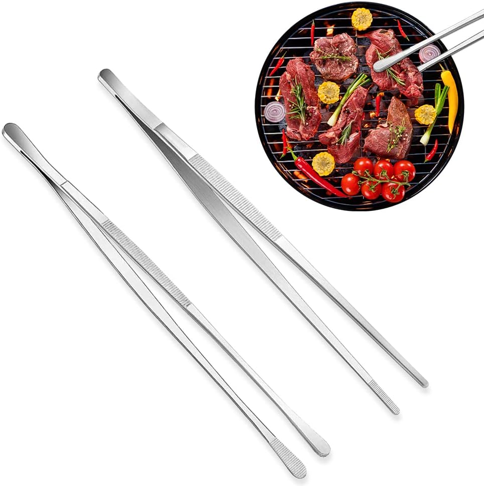 Kitchen Tongs, 2 Pieces BBQ Tongs with Serrated Tips, Kitchen Tongs, Stainless Steel, Long Tong, Professional Multi-Function, Straight Precision Tongs for Meats, Pasta Lining - Image 1
