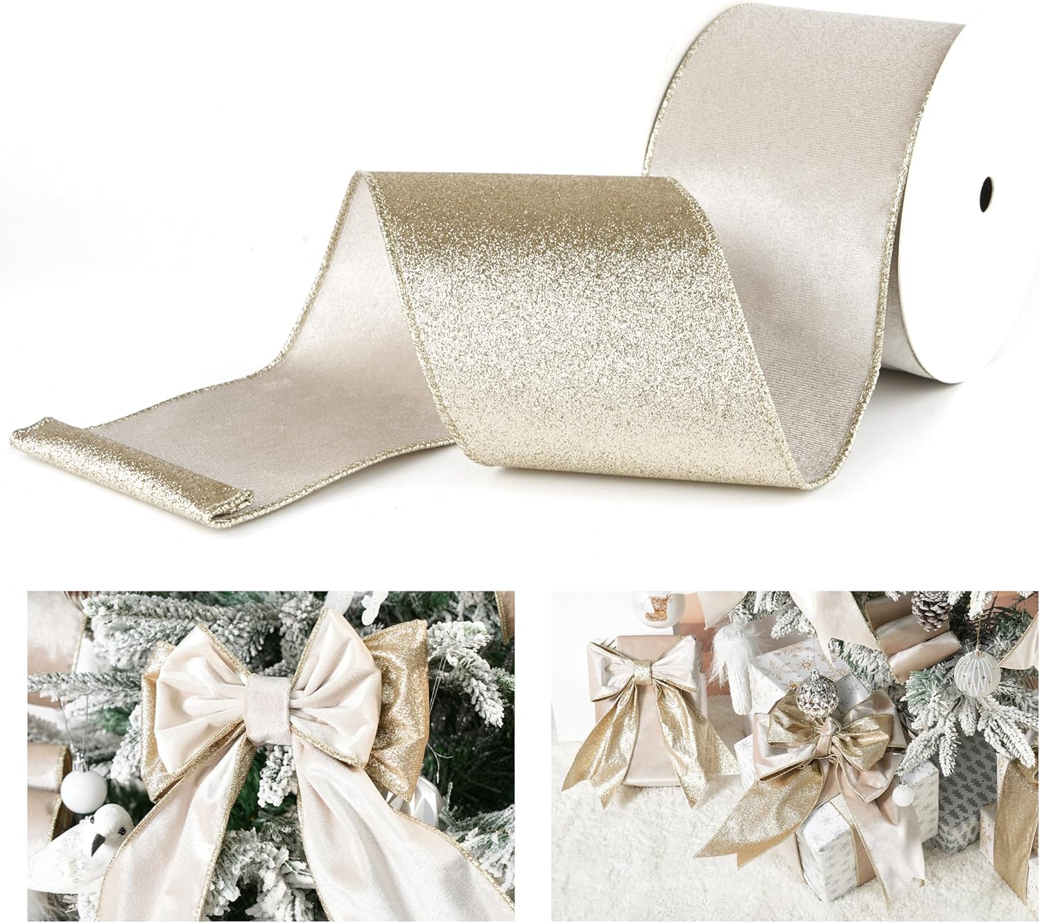 Champagne Velvet Wired Ribbon with Glitter Back 4 Inch Ivory and Gold Christmas Wired Ribbon for Christmas Tree Decorations, Gift Wrapping, Mantel, Wreaths Supplies, Topper Bows (10 Yards) - Image 1