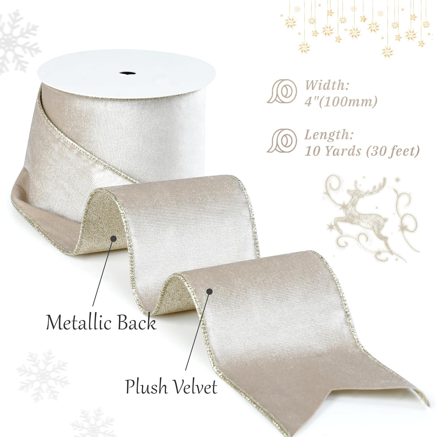 Champagne Velvet Wired Ribbon with Glitter Back 4 Inch Ivory and Gold Christmas Wired Ribbon for Christmas Tree Decorations, Gift Wrapping, Mantel, Wreaths Supplies, Topper Bows (10 Yards) - Image 2