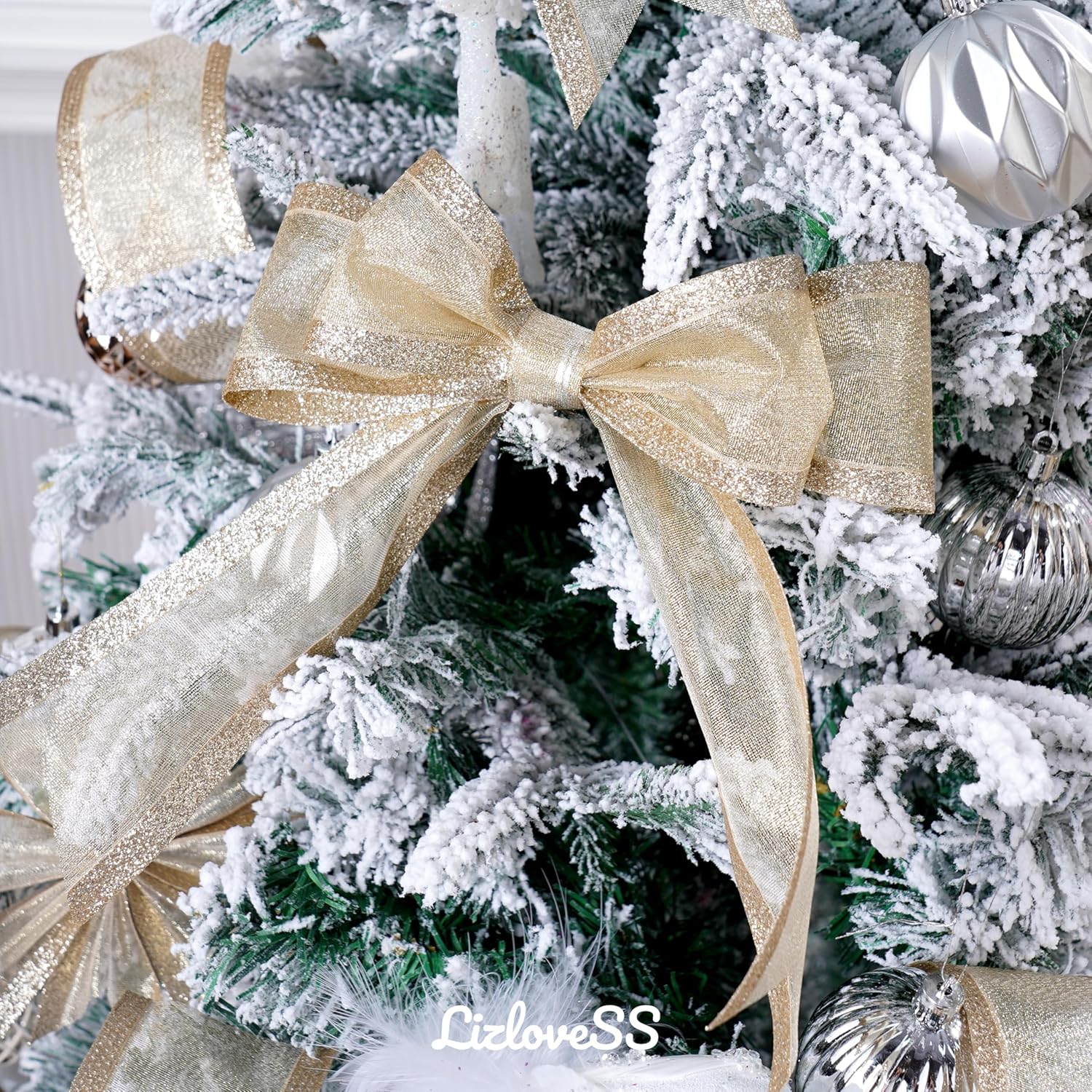Champagne Christmas Ribbon Wired 2.5 Inch Champagne Gold Metallic Wired Ribbon with Glitter Stripe, Ribbon for Christmas Tree, Wreaths Supplies, Swag, Garland, Holiday Decor - 10 Yards - Image 4