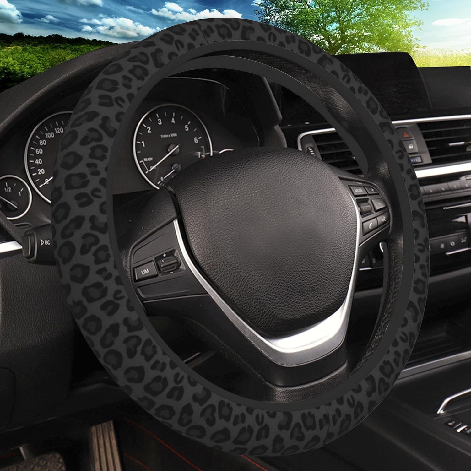 Black Leopard Print Cheetah Elastic Steering Wheel Cover, Non-Slip Breathable Neoprene Steering Wheel Covers, Women Leopard Car Accessories, Universal 15 Inch Fit Auto, Suvs, Truck - Image 1