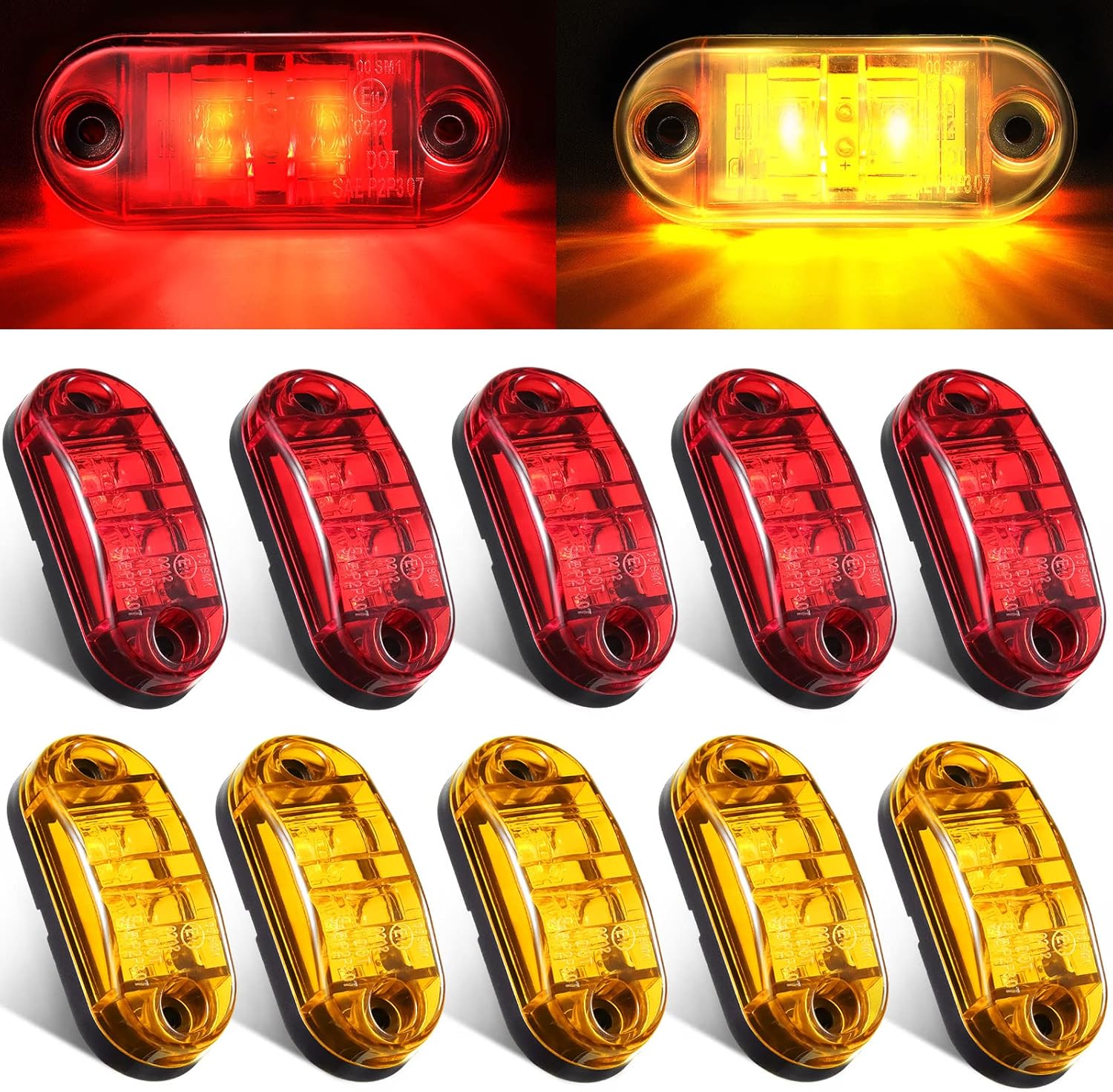 10 Pcs 2.5 Inch LED Trailer Lights 2 Diode Waterproof LED Trailer Side Marker Lights Oval Signal Running Lights For Truck Boat RV(Amber, Red) - Image 1
