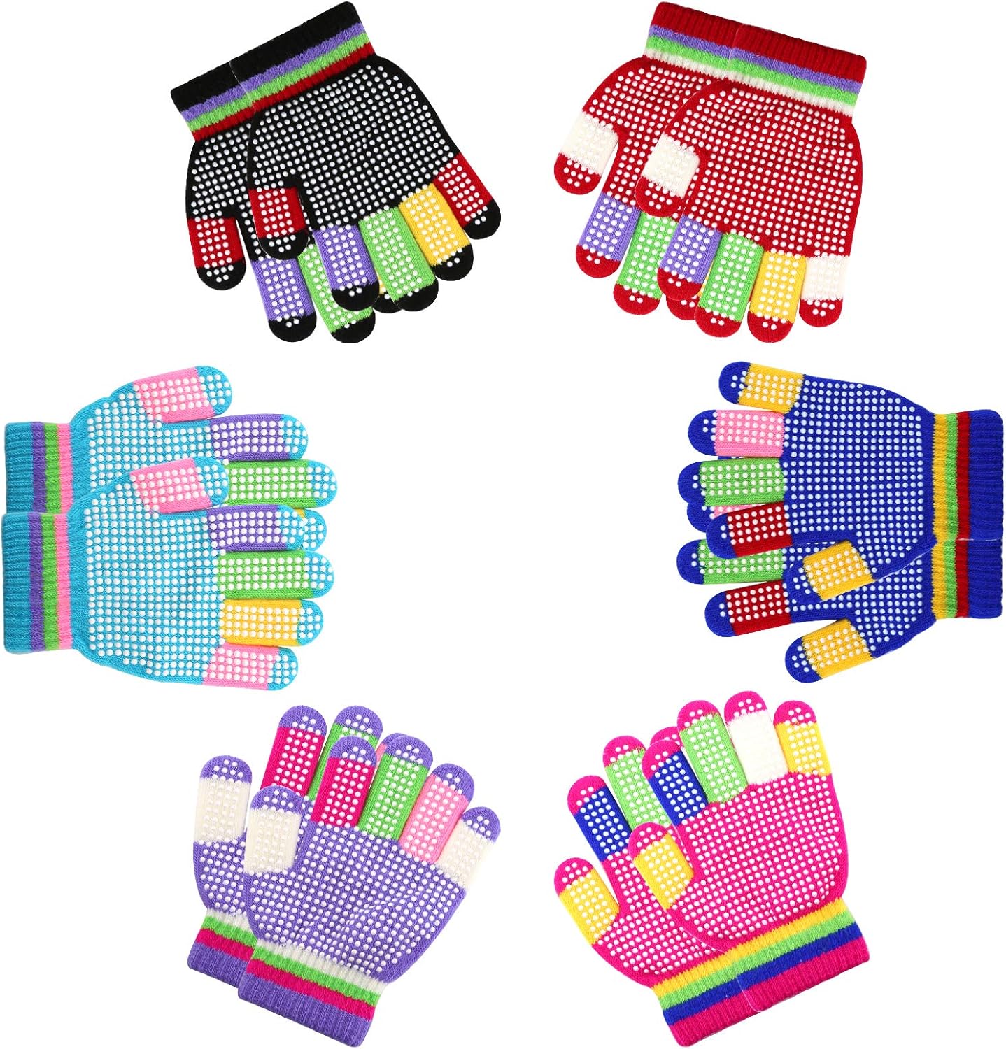6 Pairs Kids Anti-Skid Magic Gloves, Multicolor Winter Warm Full Finger Mittens Stretchy Knitted Gloves for Kids Boys and Girls - Image 1