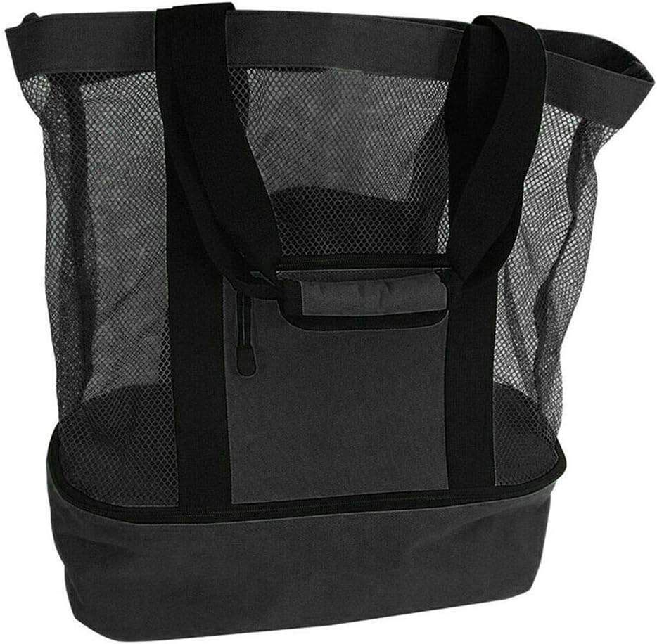 Mesh Beach Tote Bag with Detachable Insulated Beach Cooler Compartment Waterproof Sandproof Picnic Pool Bag, Black, Large - Image 1